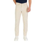 Beige cotton casual pants with button fly and pockets.