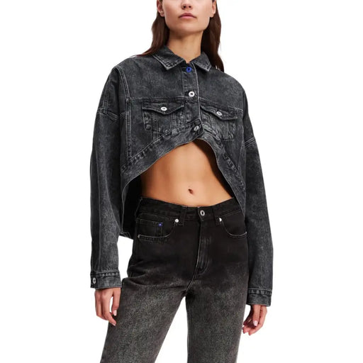 Women’s acid-wash denim jacket and jeans set displayed with Karl Lagerfeld Jeans Black Cotton Blazer for Fall Winter