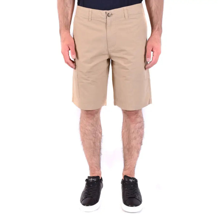 Khaki men’s cargo shorts displayed on a retail website for casual men’s apparel