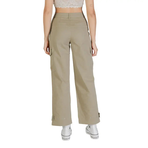 Women beige cotton elastane trousers with khaki wide-leg cargo style and ankle tabs
