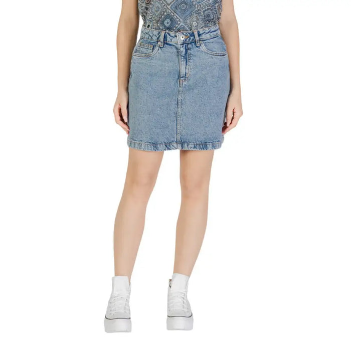 Light blue denim mini skirt displayed in a fashion product listing