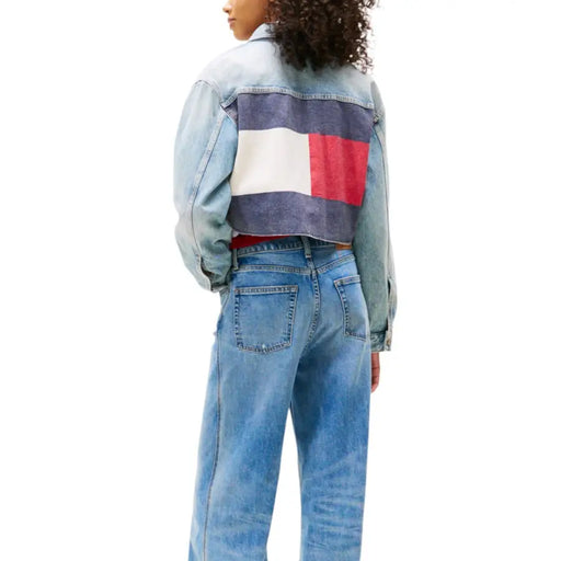 Woman wearing Light Blue Printed Long Womens Blazer by Tommy Hilfiger Jeans with flag design