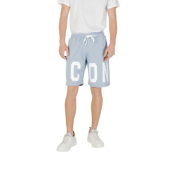 Light blue shorts with white ICON print lettering for a stylish casual look