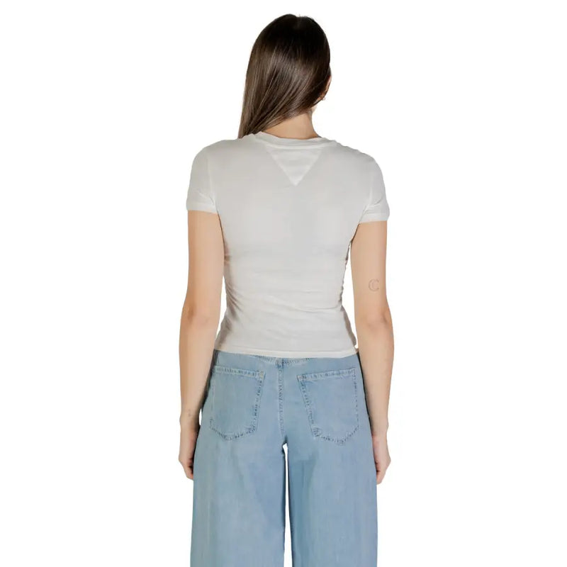 Light grey fitted short-sleeve T-shirt paired with light blue wide-leg jeans by Tommy Hilfiger Women