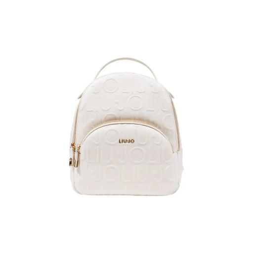 White faux leather Liu Jo backpack with embossed monogram pattern and gold hardware