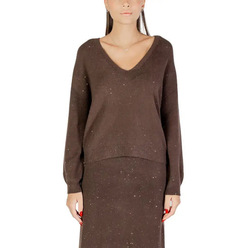 Women’s brown long-sleeve V-neck knit sweater with subtle sparkle details and matching skirt