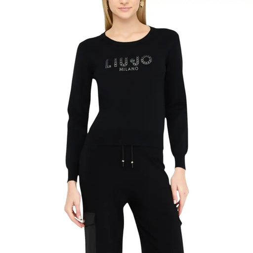 Women’s black long-sleeved crew-neck sweater with LIU JO MILANO rhinestone embellishment