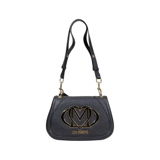 Black leather Love Moschino shoulder bag with gold heart and M logo front view