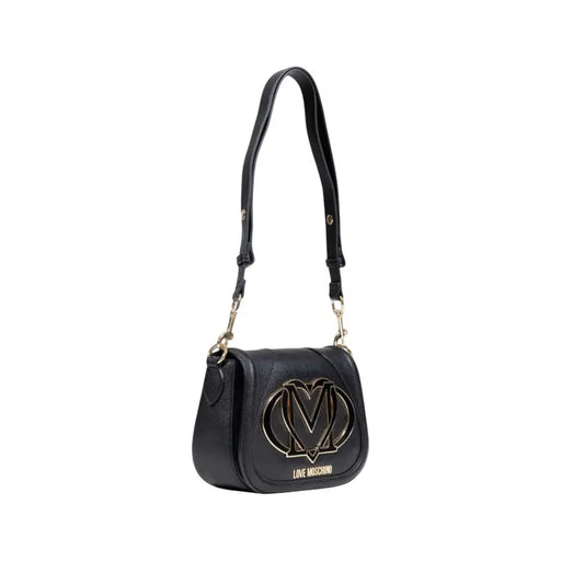 Black leather shoulder bag with gold Love Moschino logo and front pocket