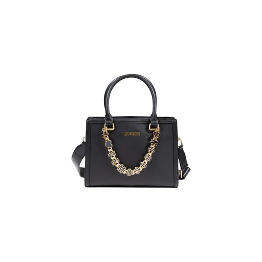 Black faux leather tote bag with gold chain strap and Love Moschino lettering for fall winter