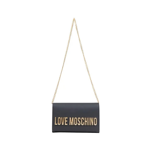 Black leather Love Moschino shoulder bag with gold chain strap and front pocket