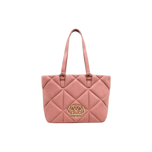 Pink quilted suede tote bag with gold-tone hardware and double handles from Love Moschino