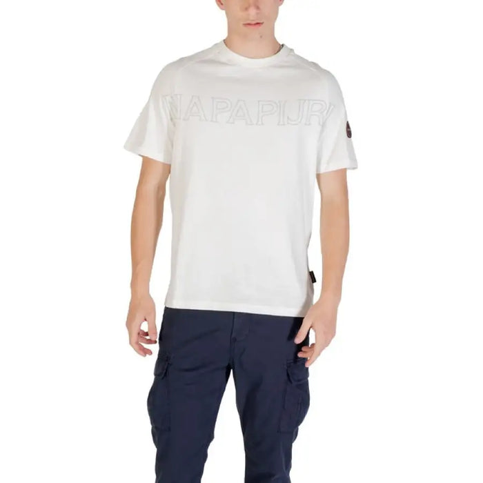 Man wearing a white crewneck t shirt and blue cargo pants for the White Crewneck T Shirt with Blue Cargo Pants Look