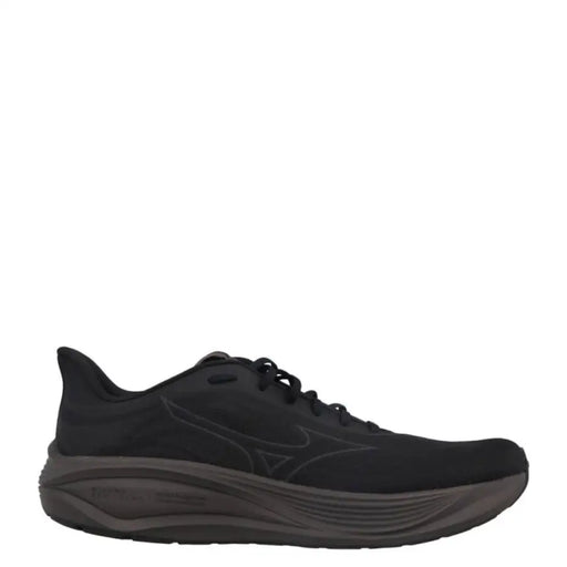 Black mizuno running shoe with white accents and textured upper material.