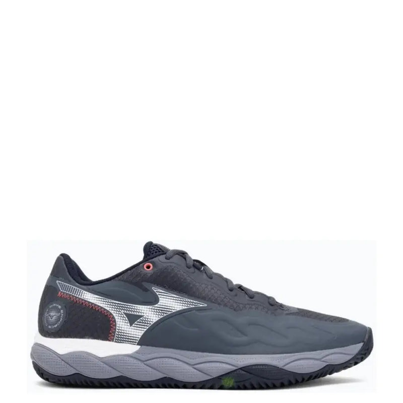 Mizuno tennis shoe with dark gray and white accents, textured upper for grip, durable synthetic material.