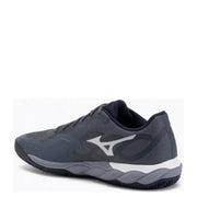 Mizuno wave lightning z5 volleyball shoe, dark gray and white with textured upper and rubber outsole.