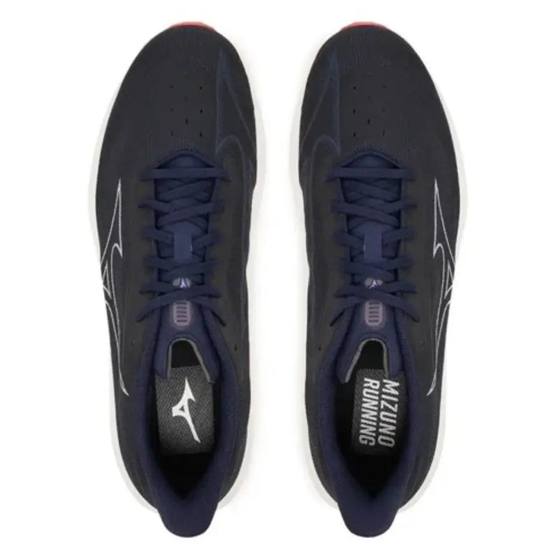 Navy blue mizuno running shoe with white accents and silver logo.