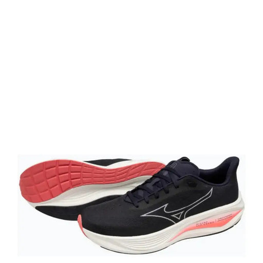 Black and white mizuno running shoe with red sole, mesh upper, cushioned insole, lace-up design.