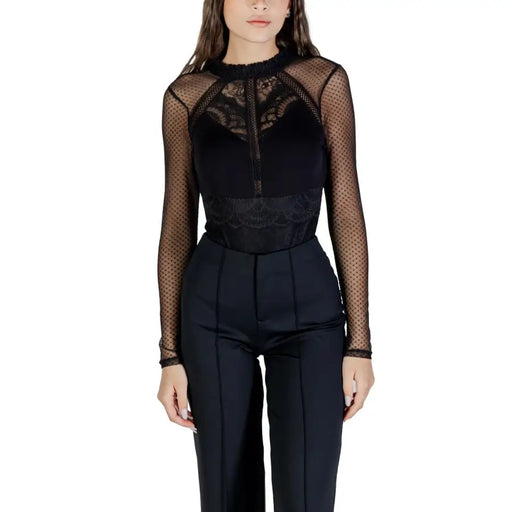 Women’s black long-sleeve sheer mesh and lace blouse with high neck and opaque bust