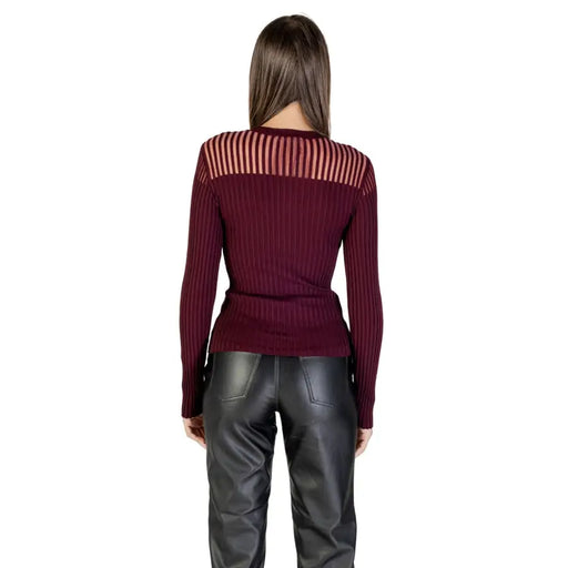 Women’s maroon long-sleeved ribbed knit sweater with sheer striped yoke by Morgan De Toi