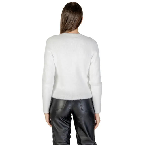 White long-sleeved fuzzy knit sweater from Morgan De Toi Women Long White Low Cut V Neck Cardigan