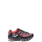 Black and red fila sneakers with white accents, mesh upper, rubber sole.