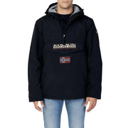 Navy blue anorak jacket with hood and norwegian flag patch, made of water-resistant material.
