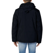 Black waterproof jacket with hood and zipper closure.