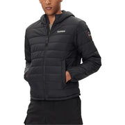 Black puffer jacket with hood and zipper, designed for cold weather.