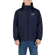 Navy blue patagonia jacket with hood and zipper.