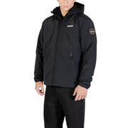 Black waterproof jacket with hood and logo patch, likely from a popular outdoor brand.