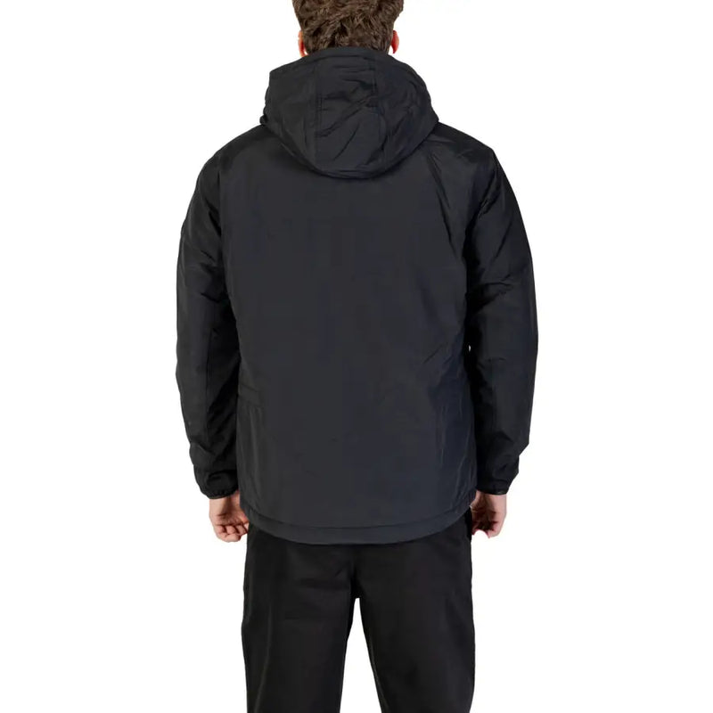 Black waterproof jacket with hood and zipper, likely from columbia brand.