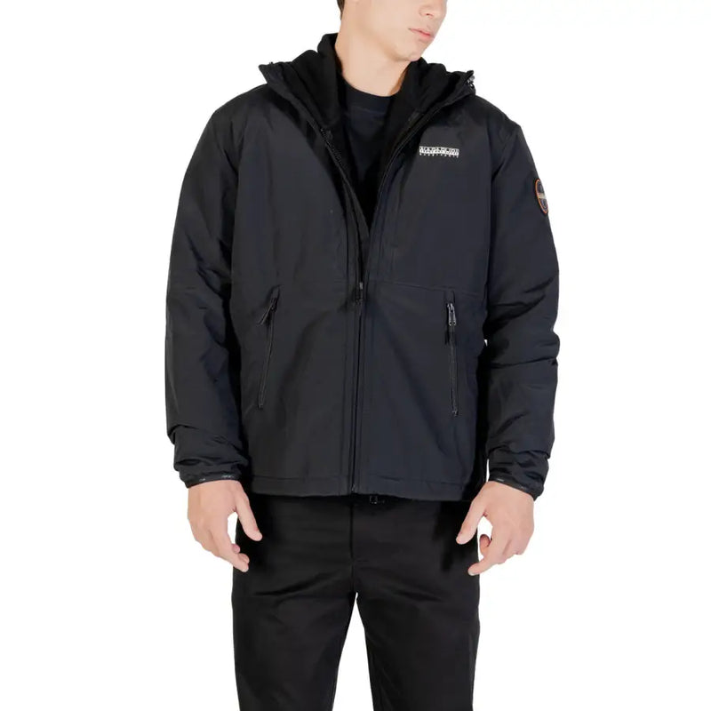 Black puffer jacket with hood and brand logo on sleeve.