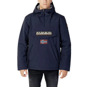 Navy blue anorak jacket with hood and norwegian flag patch, made of water-resistant material.