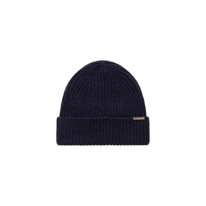 Navy blue ribbed beanie with folded cuff and brand logo.