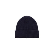 Navy blue ribbed knit beanie hat with folded cuff.