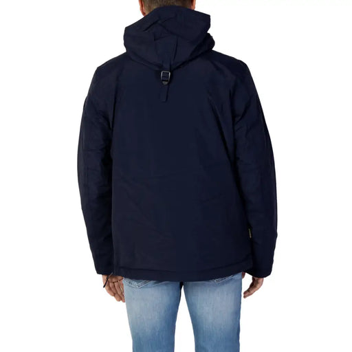 Navy blue waterproof jacket with hood and zipper closure, likely from a popular outdoor brand.