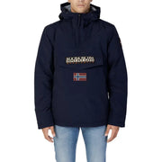 Navy blue anorak jacket with hood and logo patch, napapijri brand.