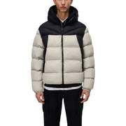 Beige and black down jacket with hood, zipper closure.