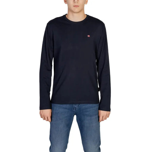Navy blue long-sleeved t-shirt with a small red and white logo on the chest.