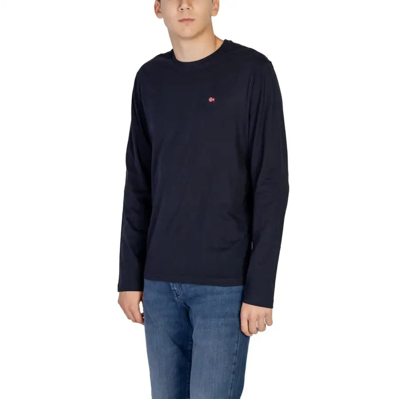 Navy blue long-sleeved t-shirt with small red logo on chest, made of cotton.
