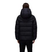 Black puffer jacket with hood and quilted design, likely made of synthetic down material.