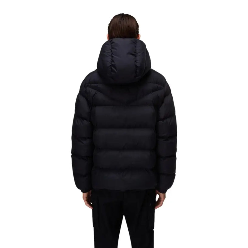 Black puffer jacket with hood and quilted design, likely made of synthetic down material.