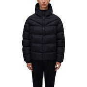 Black puffer jacket with hood and zipper, likely made of synthetic material for warmth.