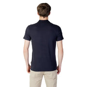 Navy blue polo shirt with short sleeves and a collar, featuring small embroidered logo on the left chest.