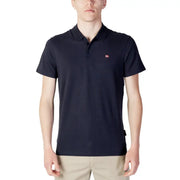 Navy blue polo shirt with red and white logo, short sleeves, collar, and button details.