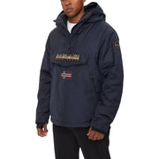 Navy blue anorak jacket with hood and logo patches, designed by napapijri.