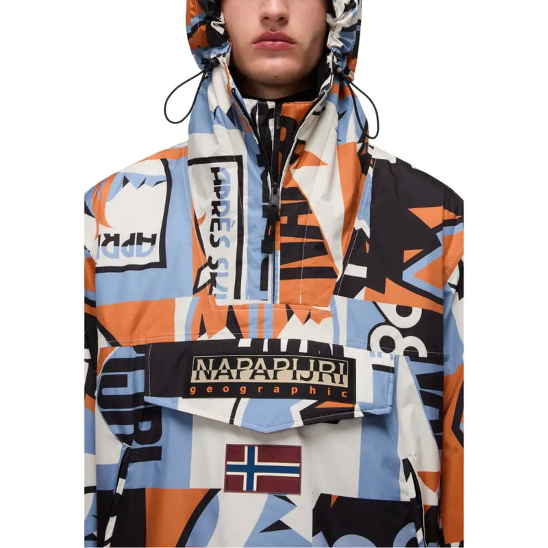 Napapijri geometric patterned jacket with hood, orange and blue design.