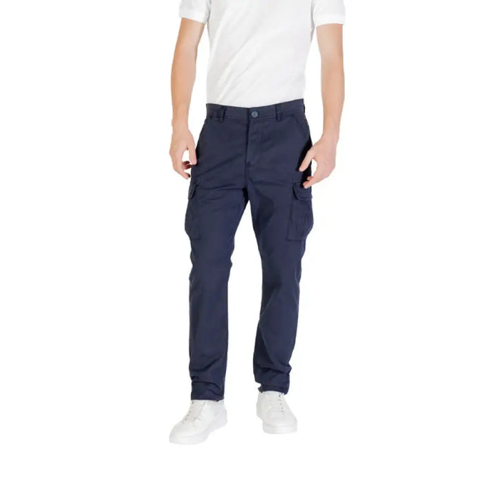 Navy blue cargo pants displayed in a clothing product listing