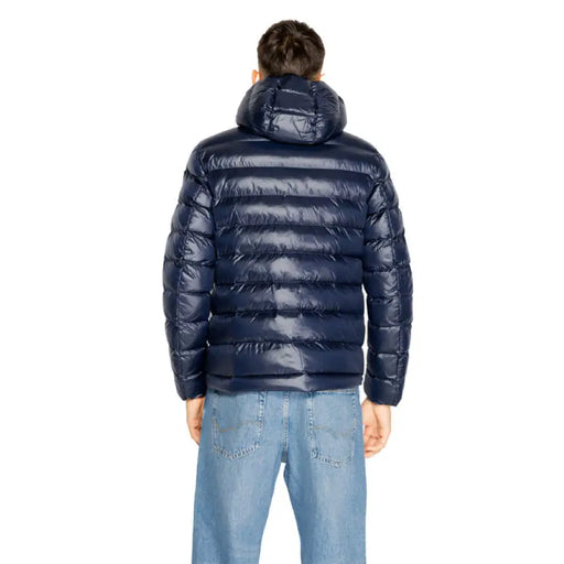 Navy Blue Hooded Puffer Jacket displayed on a mannequin in a stylish setting